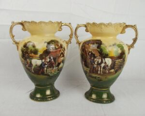 Pair Of English Late Victorian Farming Scene Vases