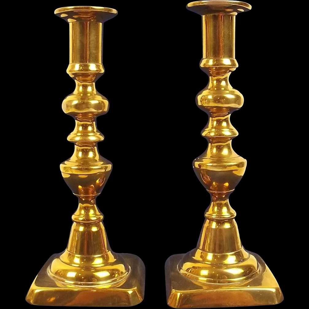 Pair Of Georgian Turned Brass Ejector Candlesticks #3