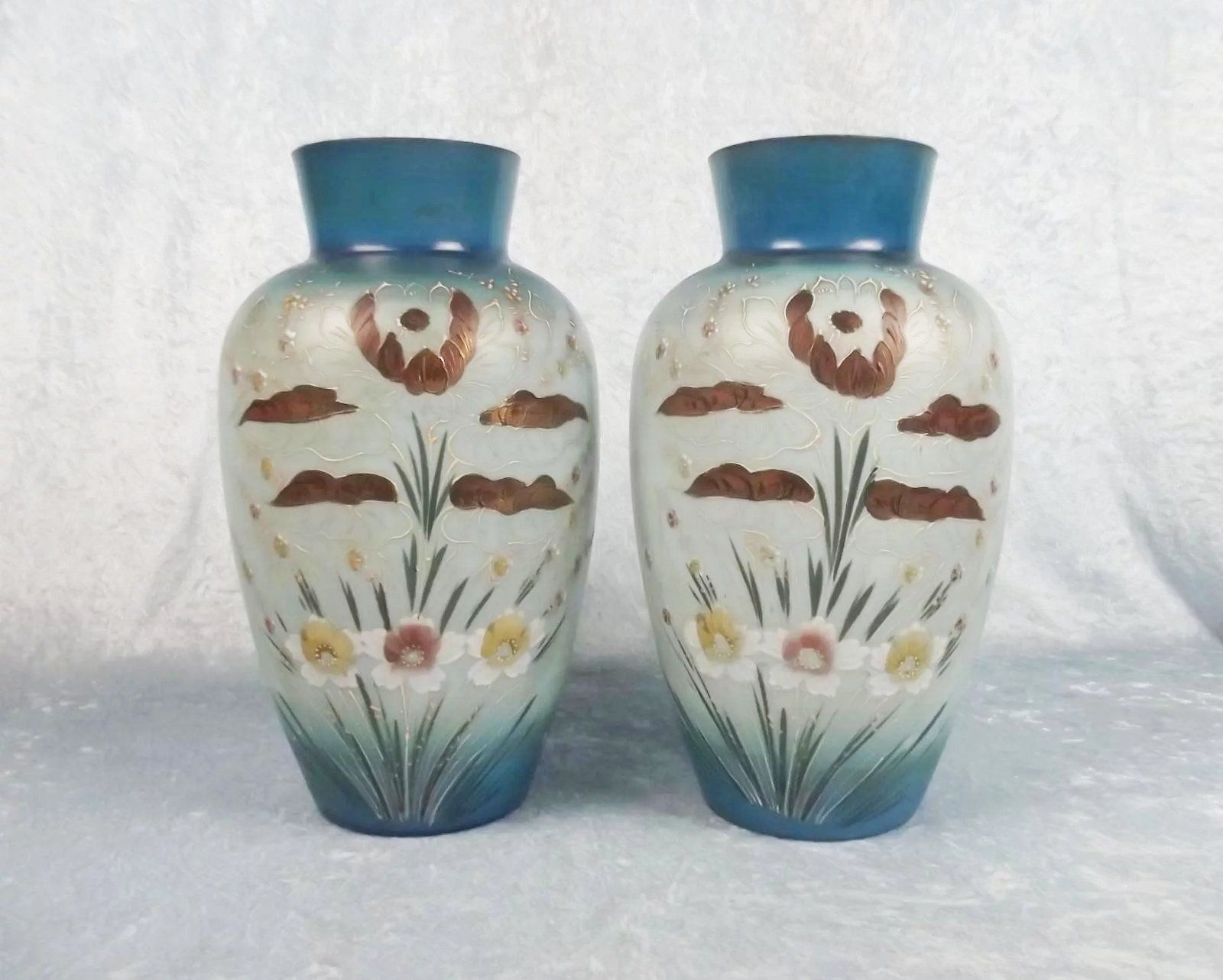 Pair Of Large Victorian Painted Glass Vases