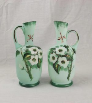 Pair Of Late Victorian Hand Painted Vaseline Glass Vases