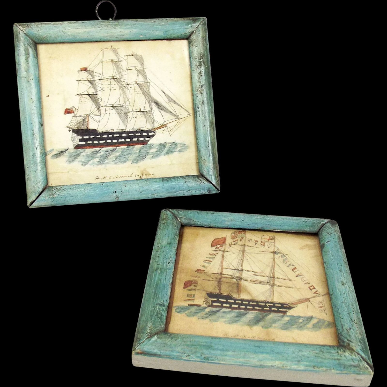 Pair of Miniature, 19th Century, Naive Style Paintings of HMS Monarch