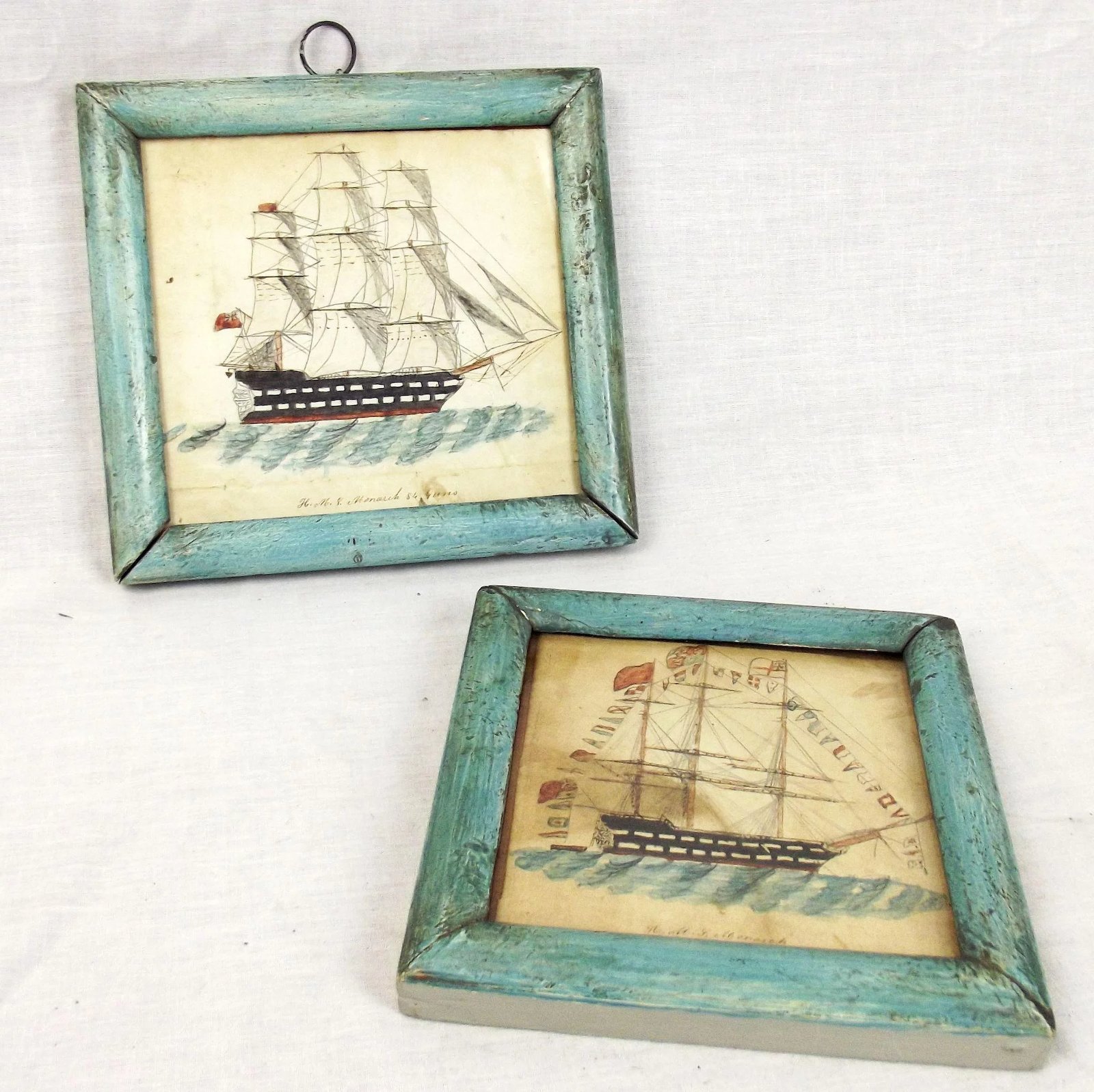 Pair of Miniature, 19th Century, Naive Style Paintings of HMS Monarch - Image 2