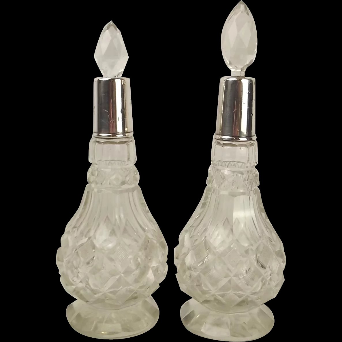 Pair Of Silver Collared Cut Glass Perfume Bottles London 1925