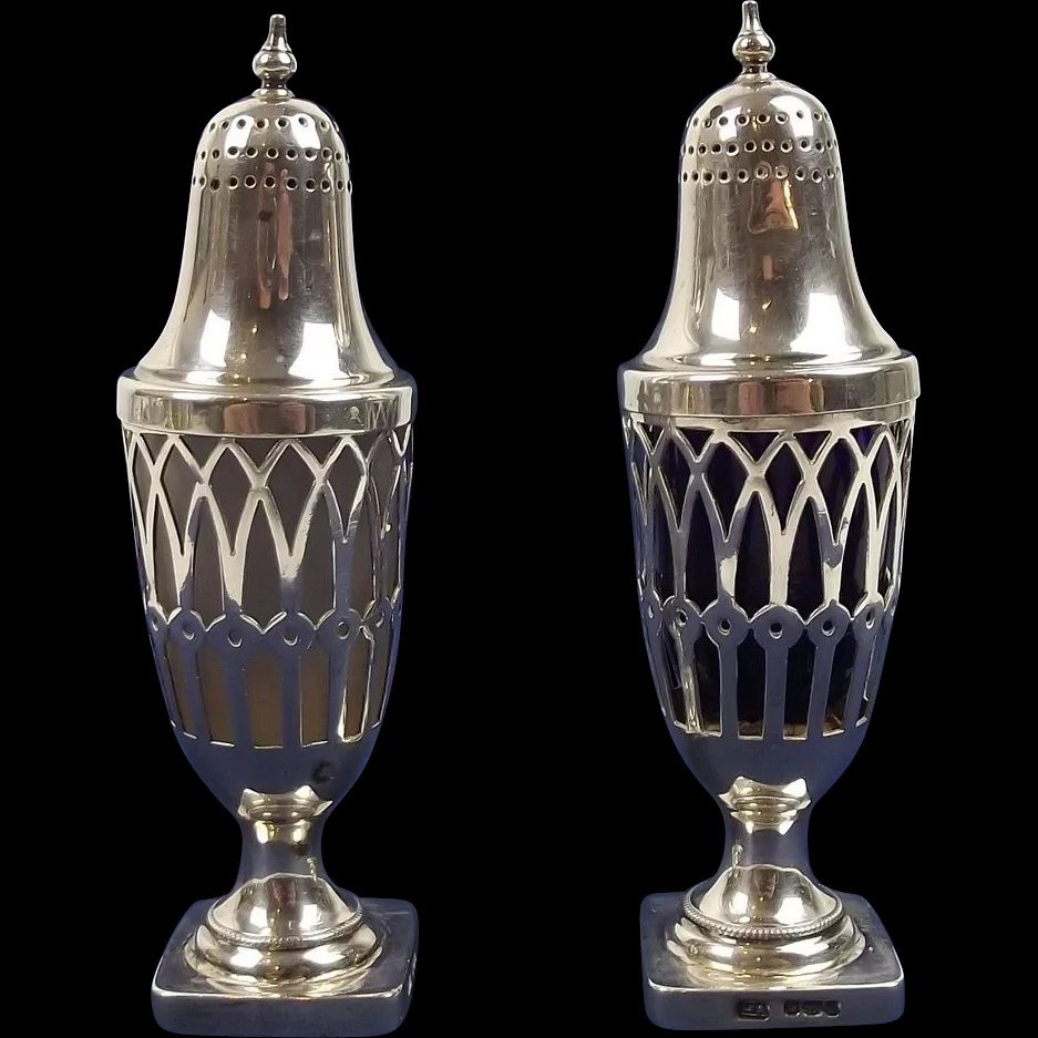 Pair Of Silver Pepperette Shakers With Glass Liners Sheffield 1924