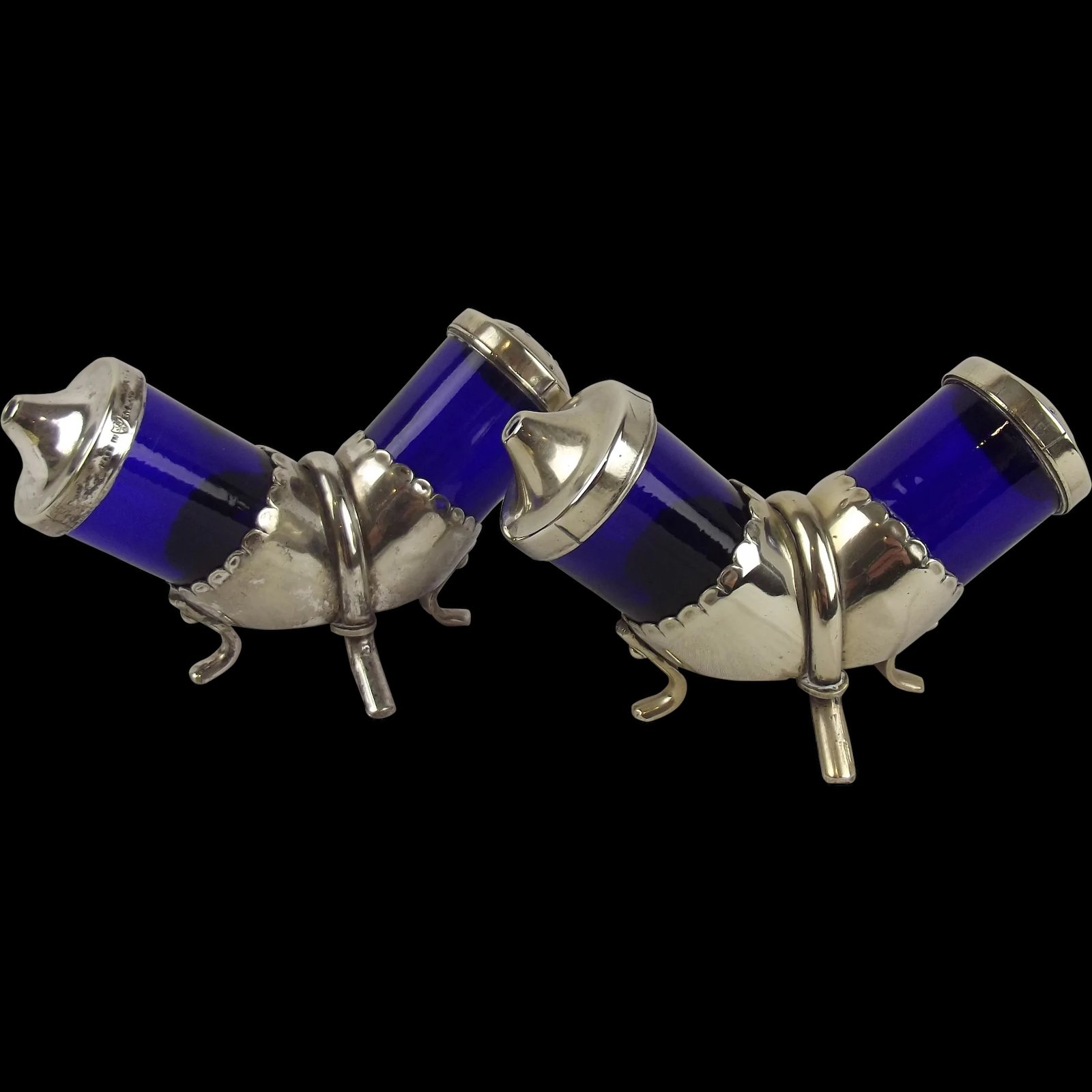 Pair Of Silver Plate & Blue Glass Cruet Sets c1914