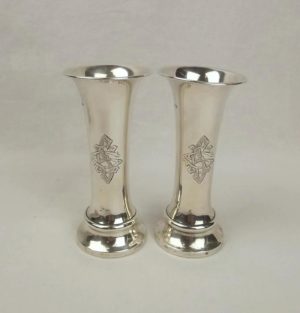Pair Of Small Silver Monogrammed Bud Vases Birmingham 1913