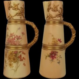 Pair Of Victorian Royal Worcester Blush Ivory Claret Jugs 1897