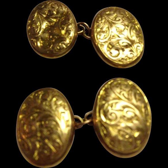 Pair Of Vintage 9ct Gold Oval Engraved Cufflinks