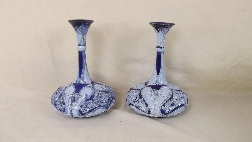 Pair of William Moorcroft 'Daffodil' Pattern Florian Ware Ships-Decanter Vases