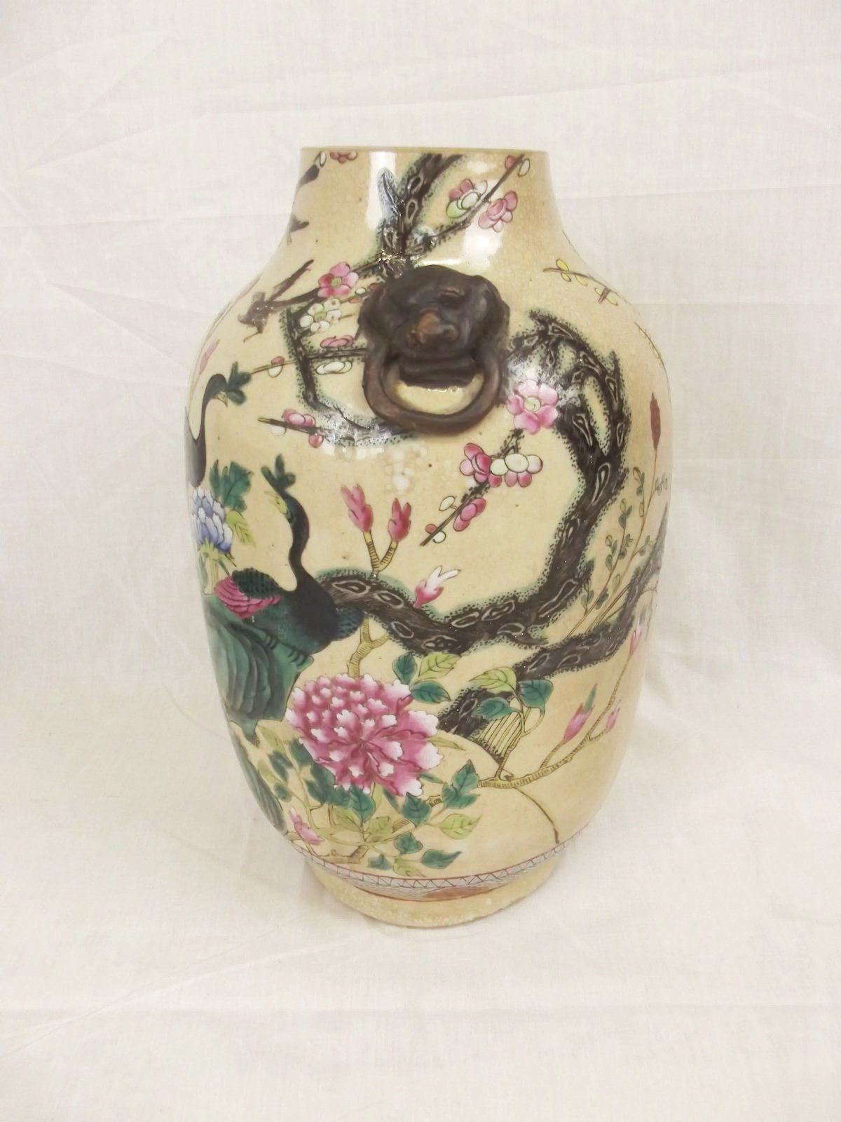 Qing 19th Century Chinese Porcelain Crackle Glaze Vase With Ring Turned Handles In The Famille Rose Palette - Image 2