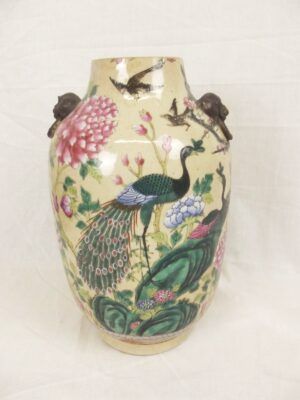Qing 19th Century Chinese Porcelain Crackle Glaze Vase With Ring Turned Handles In The Famille Rose Palette