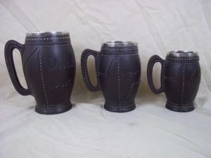 Set Of 3 Graduated 1890 Silver Rimmed Doulton Lamberth Leatherware Tankards