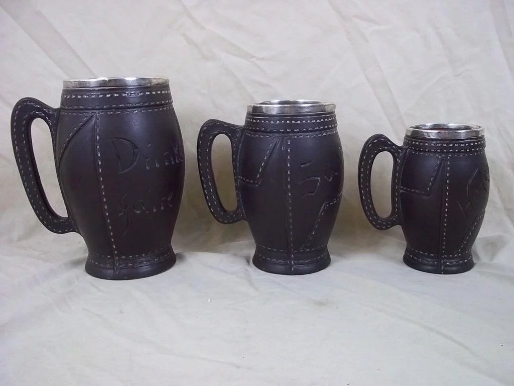 Set Of 3 Graduated 1890 Silver Rimmed Doulton Lamberth Leatherware Tankards