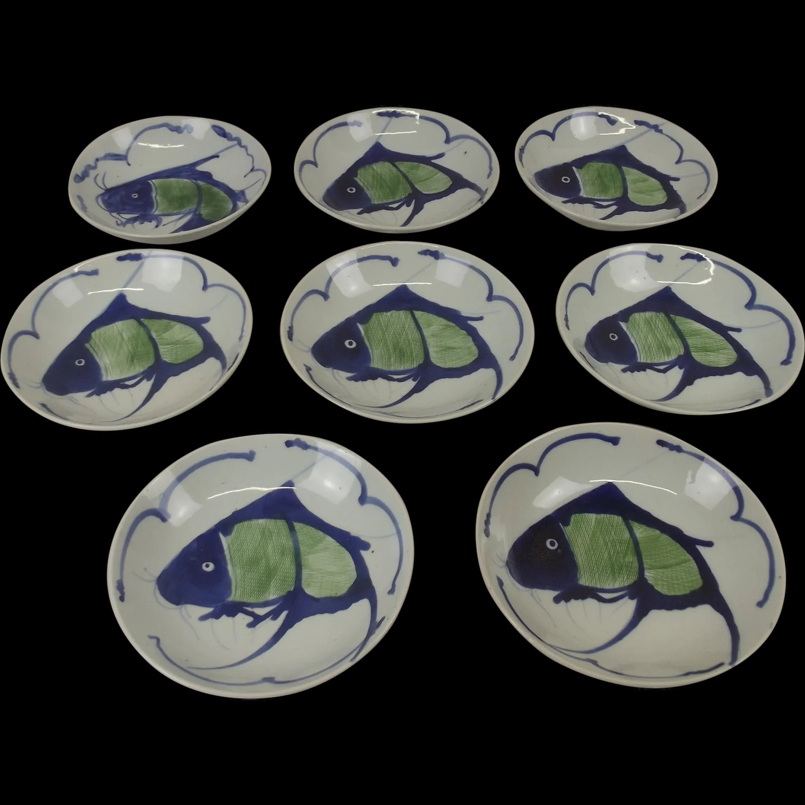 Set Of 8 Large Circa 1920 Chinese Koi Carp Bowls