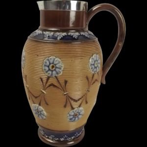 Silver Rimmed Doulton Lambeth Stoneware Pottery Jug c1897