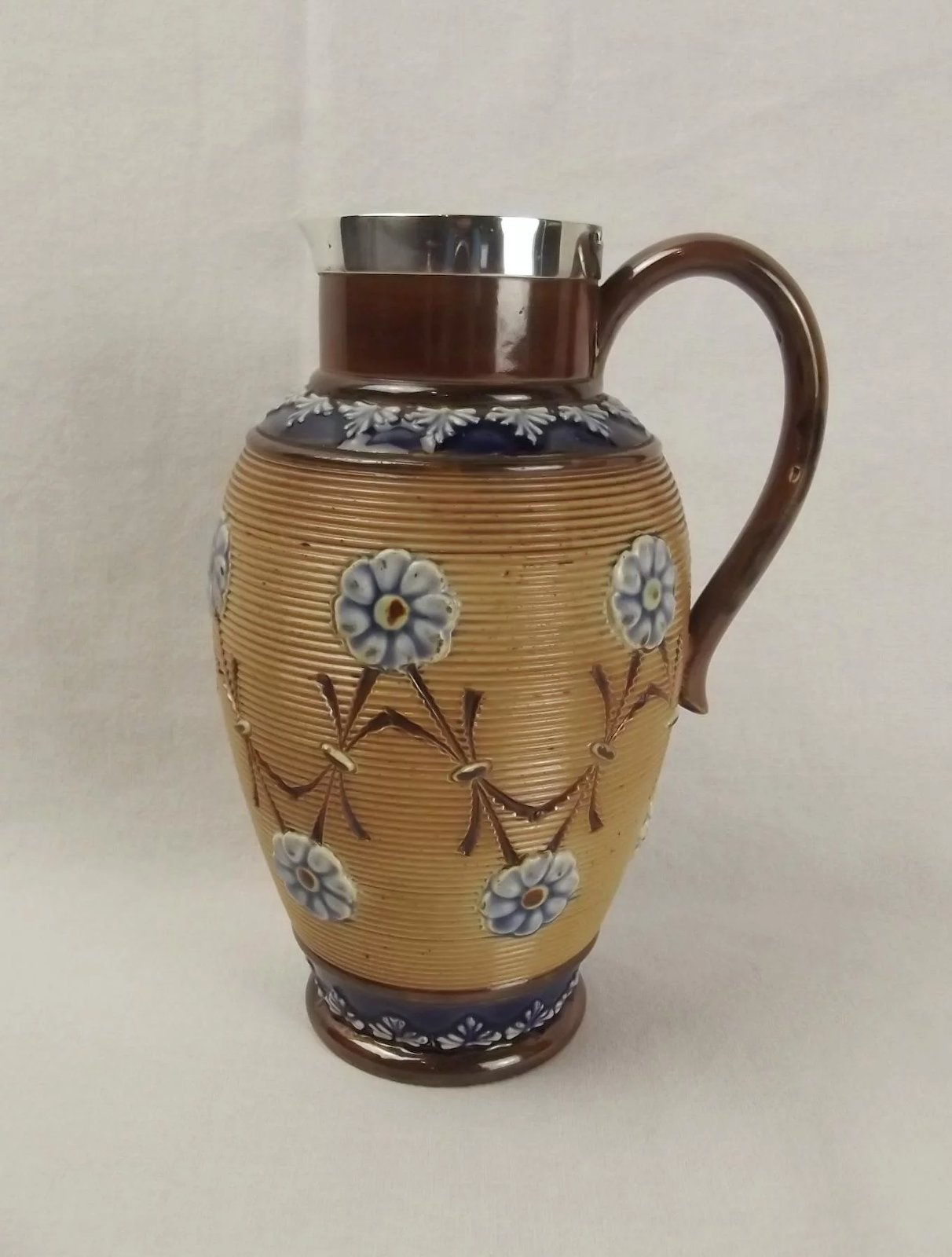 Silver Rimmed Doulton Lambeth Stoneware Pottery Jug c1897 - Image 2