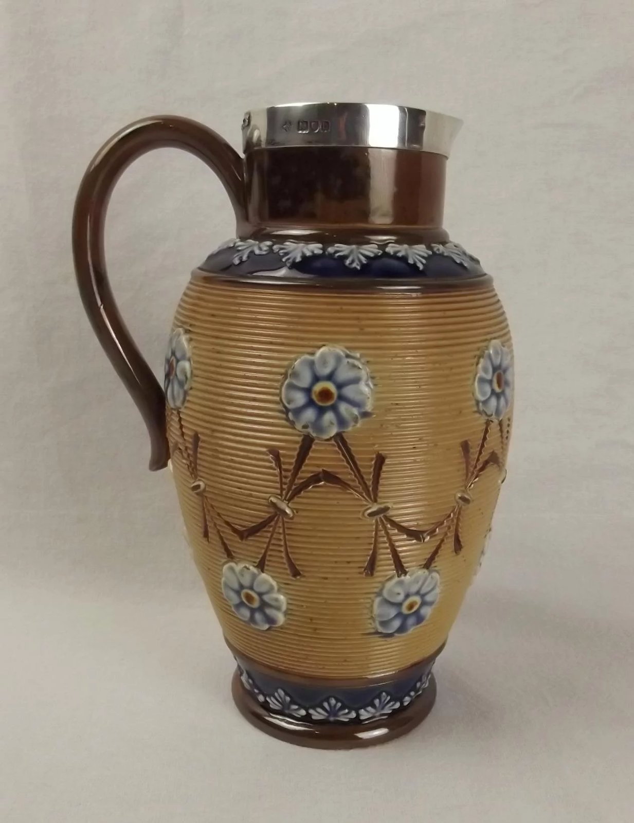 Silver Rimmed Doulton Lambeth Stoneware Pottery Jug c1897 - Image 3