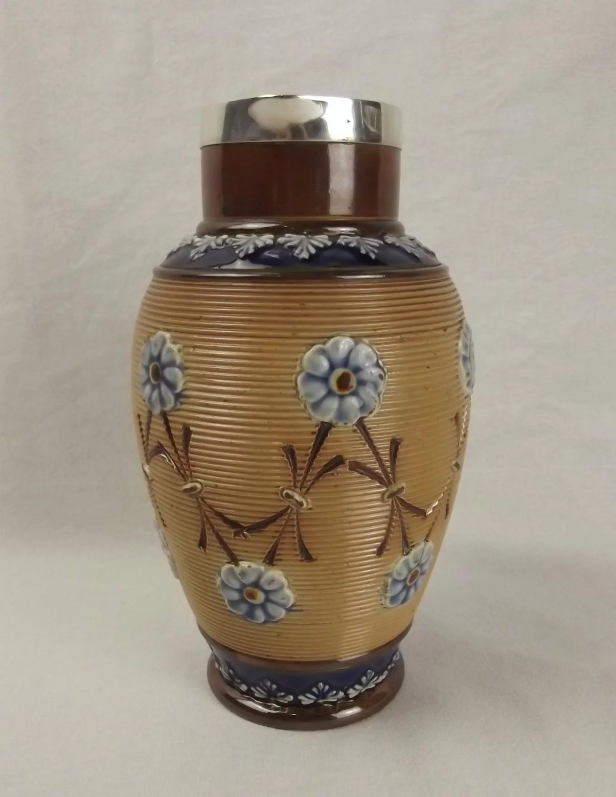 Silver Rimmed Doulton Lambeth Stoneware Pottery Jug c1897 - Image 4
