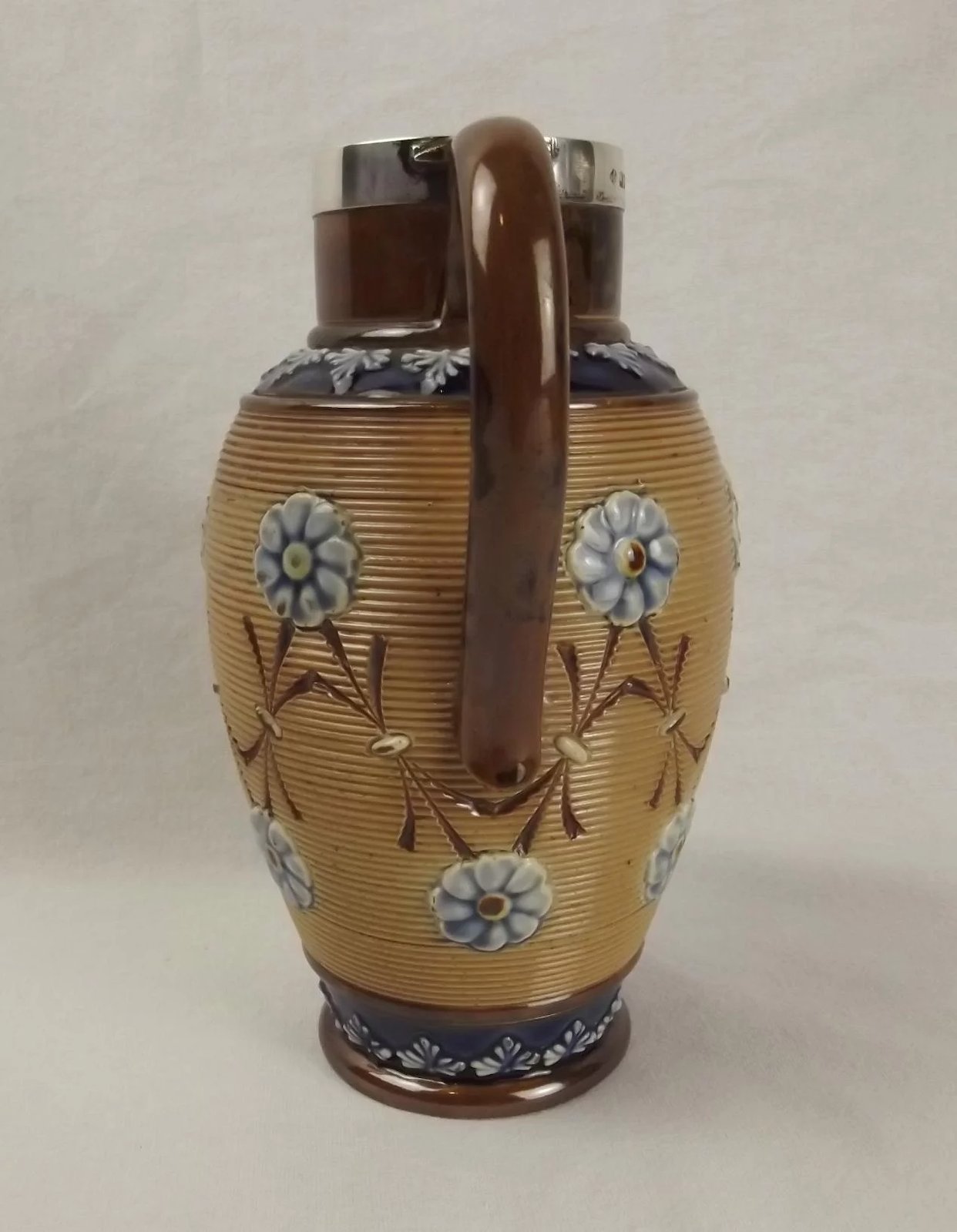 Silver Rimmed Doulton Lambeth Stoneware Pottery Jug c1897 - Image 5