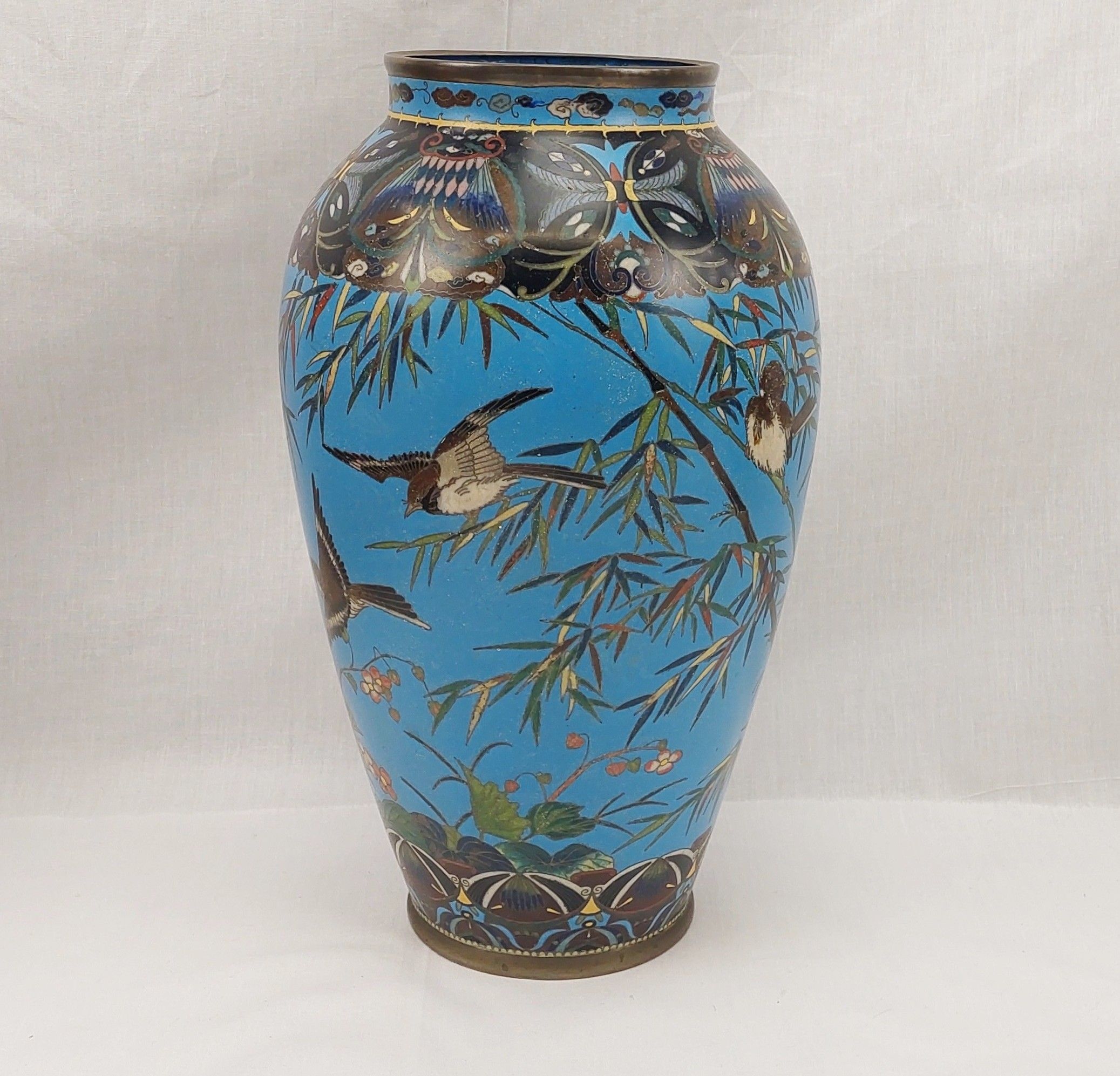 Sky Blue Cloisonne Vase Of Birds And Bamboo Stems