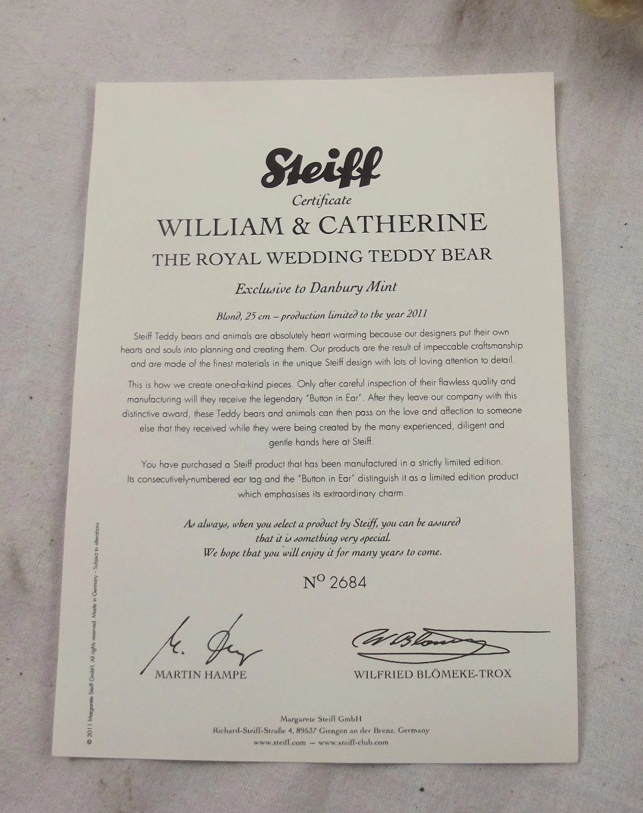 Steiff Teddy Bear Exclusive Danbury Mint Royal Wedding - Image 7