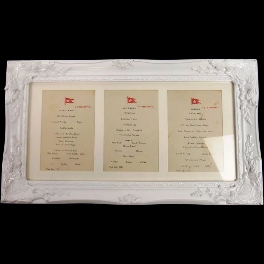 Three Framed White Star Line Menus from S.S. Megantic 1921