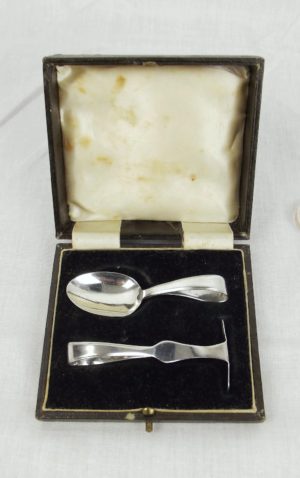 Two-Piece Christening Set Of Baby's Spoon & Pusher c1936