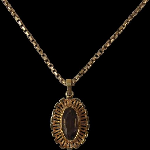 Unusual Vintage 9 Ct Gold Smokey Quartz Pendant and Chain Necklace