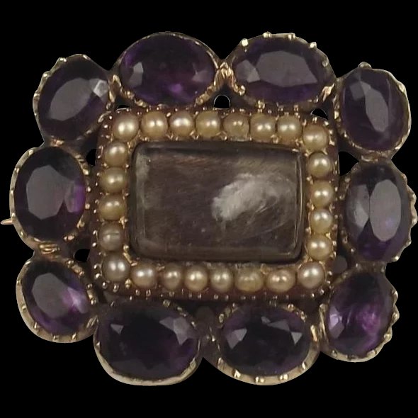 Victorian 9ct Yellow Gold Amethyst & Pearl Mourning Brooch