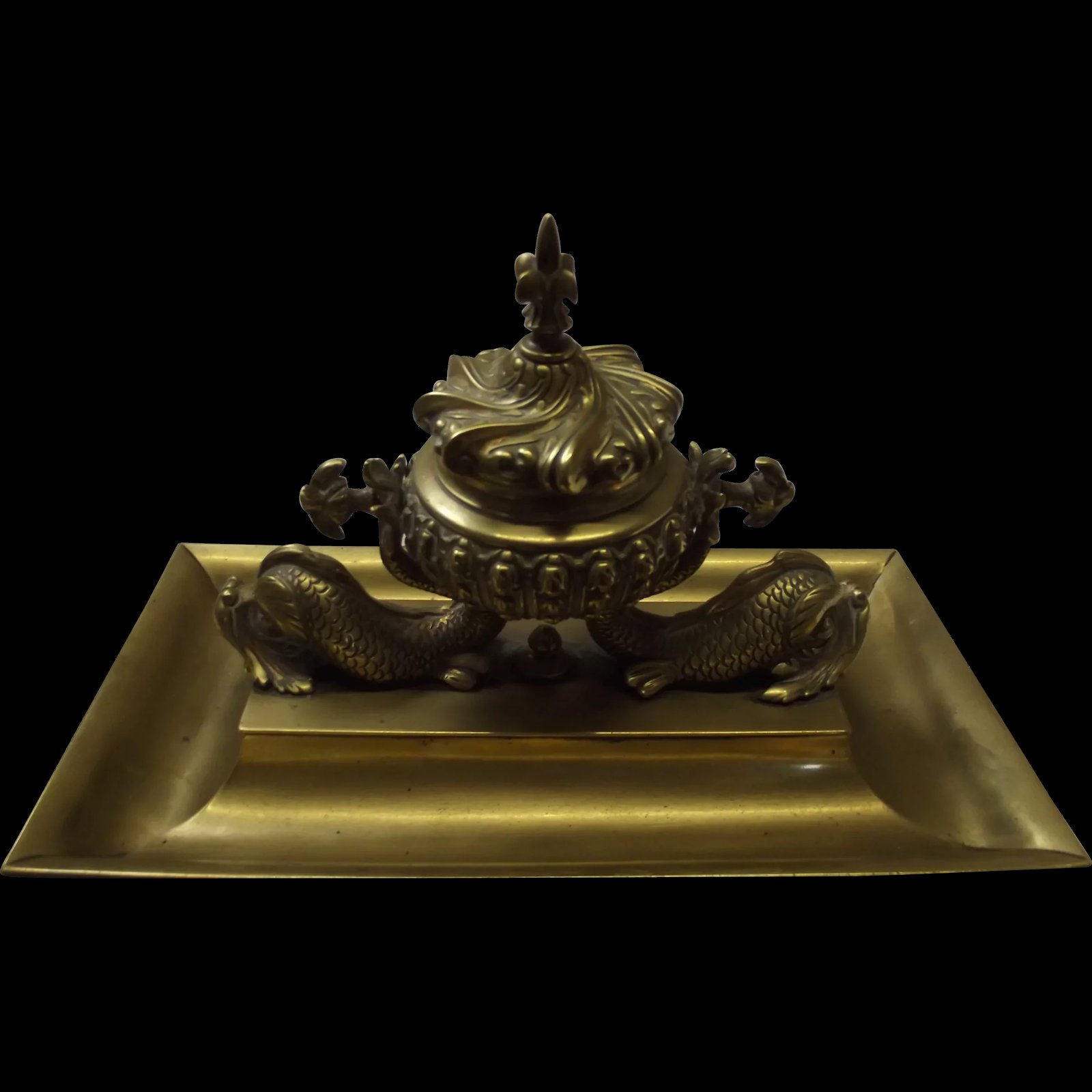 Victorian Gilt Brass British Royal Navy Inkwell