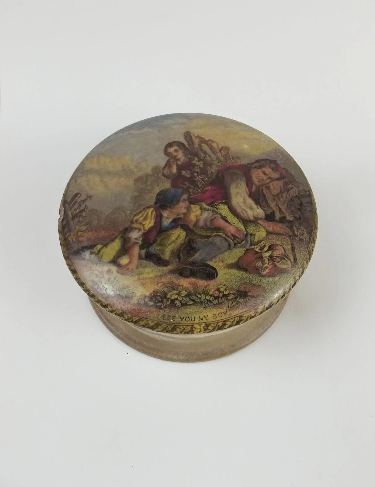 Victorian Prattware Lidded Pot ‘I See You My Boy’ - Image 2