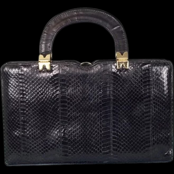 Vintage 1950's Black Python Skin Handbag by Ackery, London