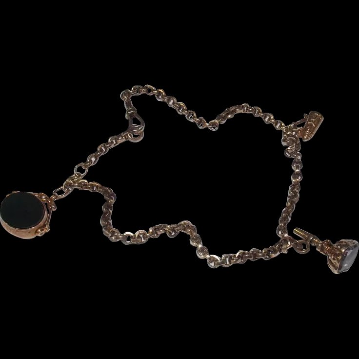Vintage 9 Ct Gold Chain With Charm, Amethyst Seal & Onyx Swivel Fob