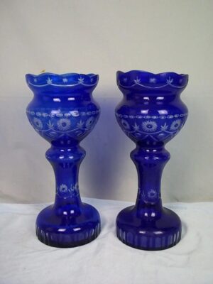 Vintage Circa 1900 Pair of Bristol Blue Cut Glass Flower Vases