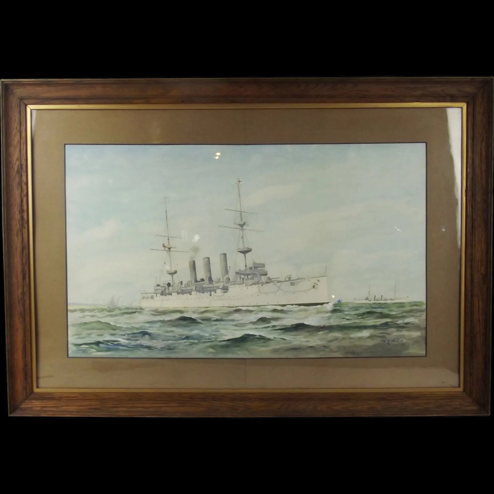 W. L. Wyllie Framed Watercolour Of A Monmouth Class Cruiser - Signed