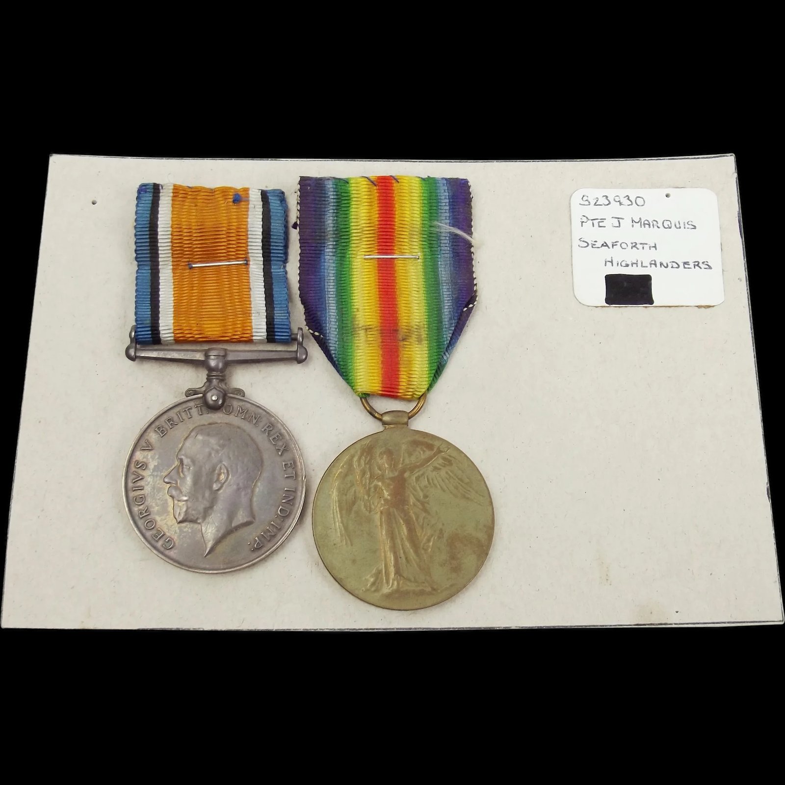 WW1 Medal Pair Awarded To S-23930 Pte. J. Marquis. Seaforth Highlanders