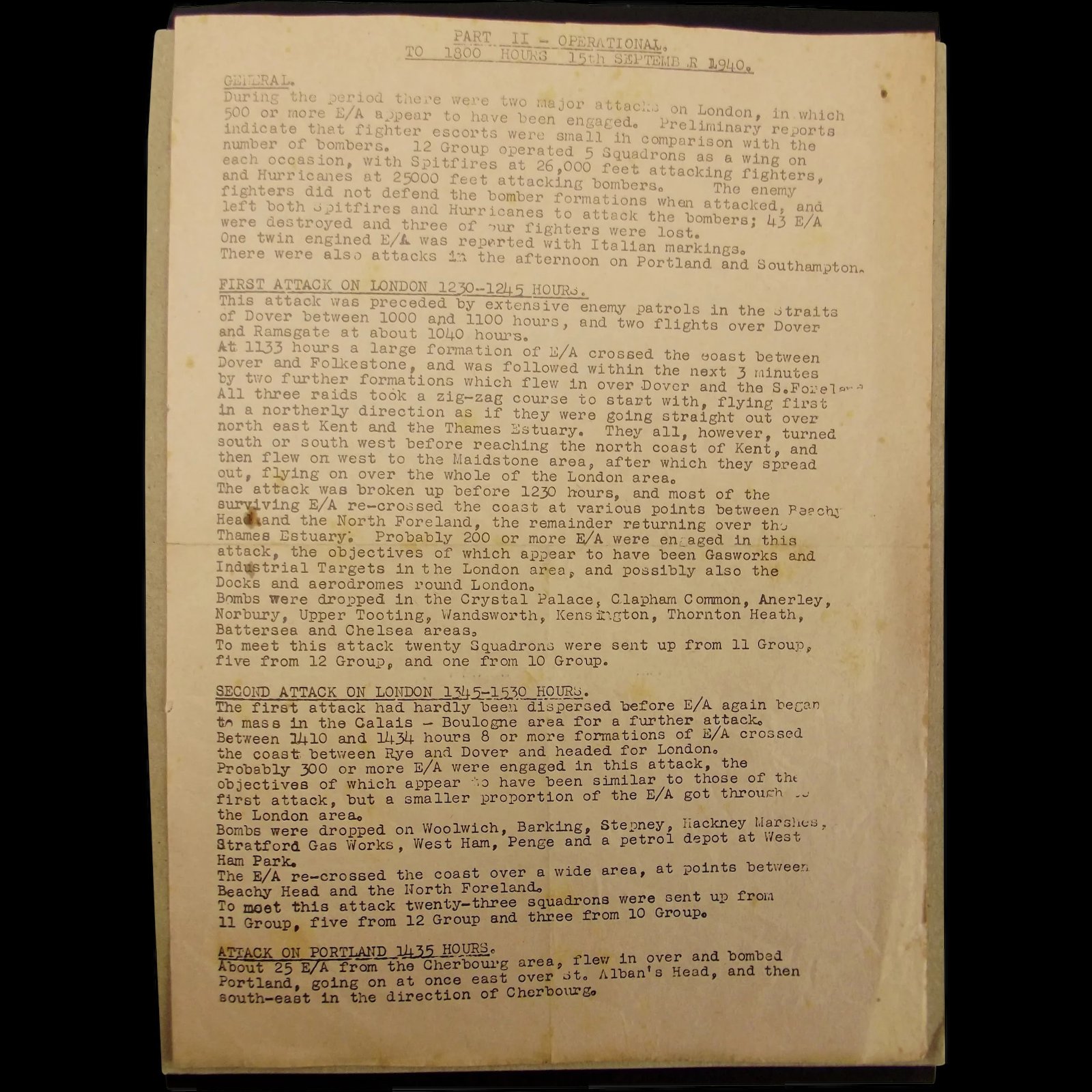 WW2 1940 Duty Intelligence Officer Operational Report Sheet