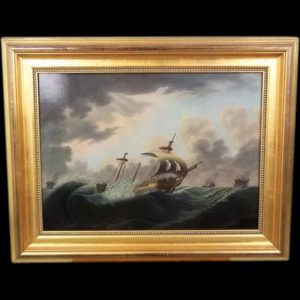 c.1810 Thomas Buttersworth Oil On Board Painting Of A Ship On Stormy Seas
