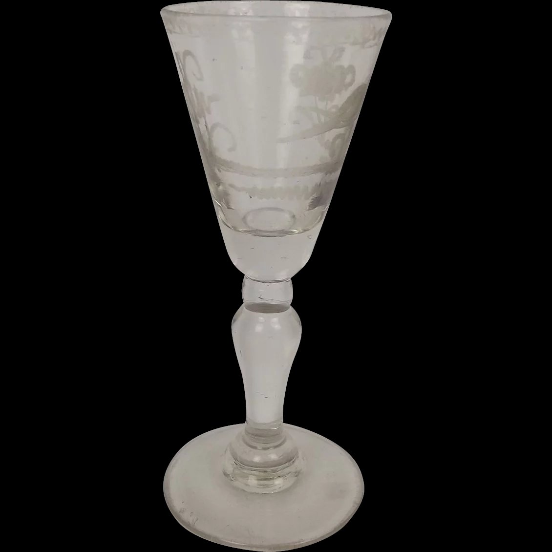 c1750 Inverted Baluster Etched Bird Funnel Shaped Cordial Glass