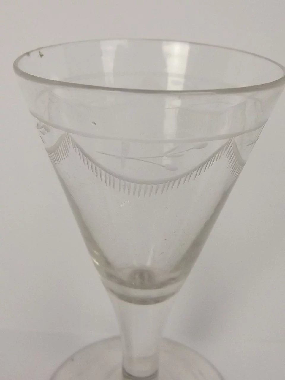 c1810 Funnel Shaped Etched Floral Swag Cordial Glass - Image 3