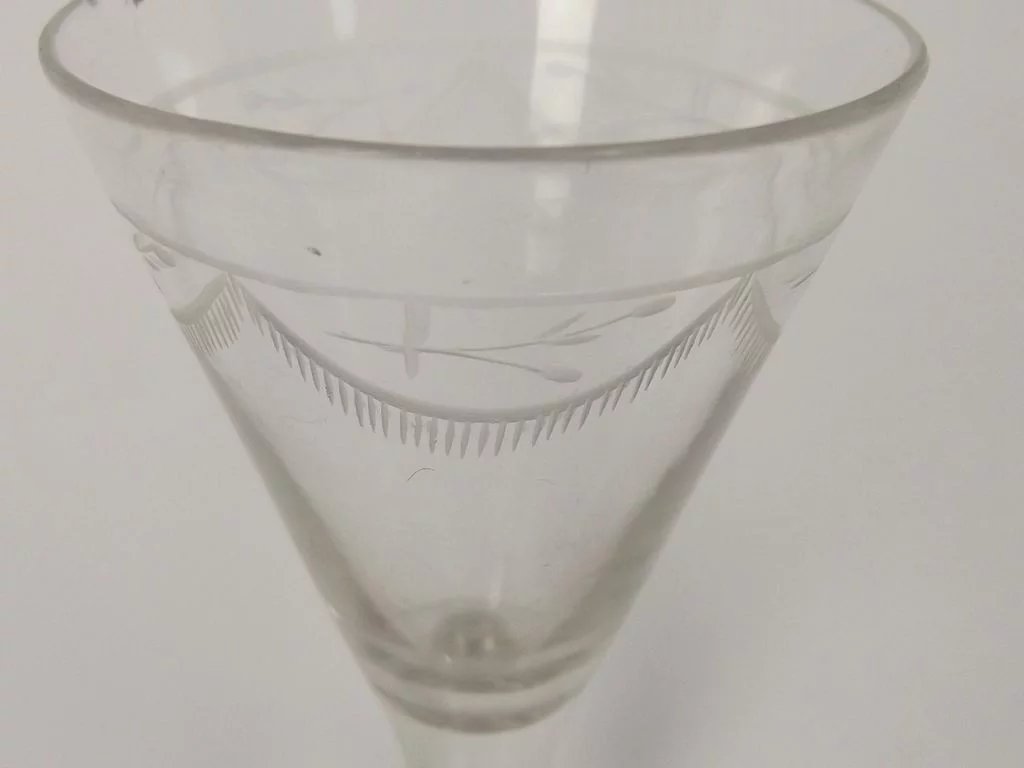 c1810 Funnel Shaped Etched Floral Swag Cordial Glass - Image 4