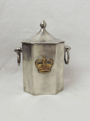 c1830 White Metal Lidded Tobacco Jar With Kings Crow Motif