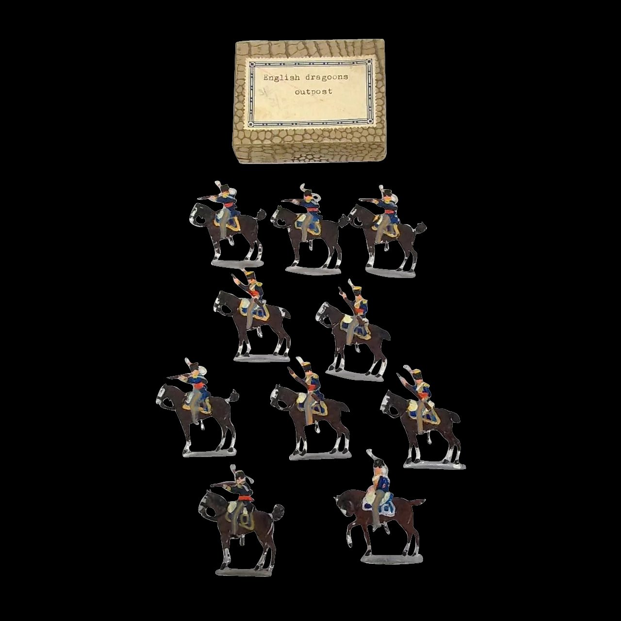 c1900/20 English Dragoons Outpost Vintage Tin Flats 10 Pieces. Boxed