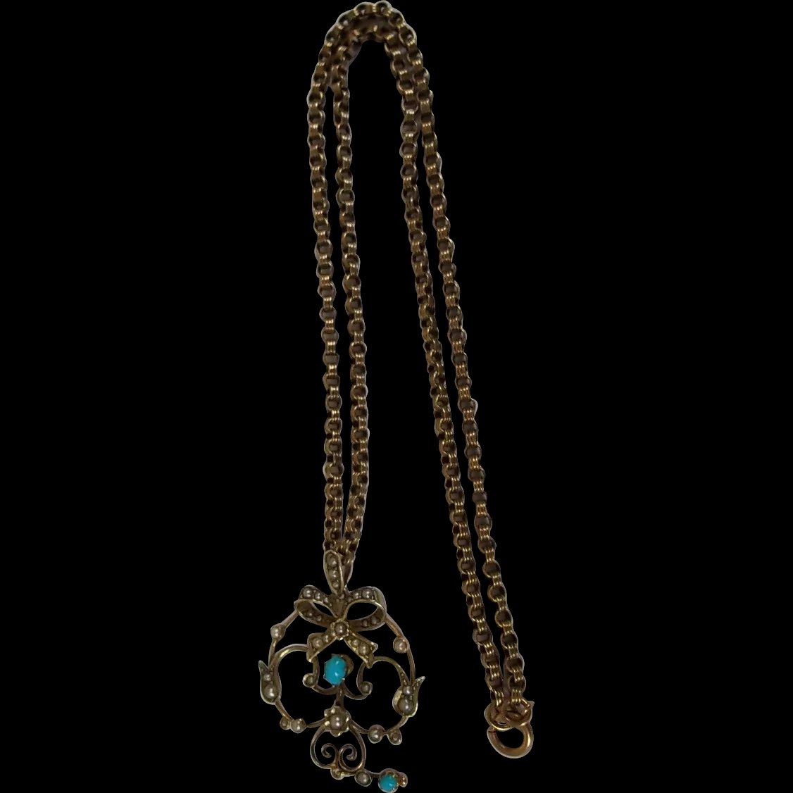c1900 9ct Gold Turquoise And Pearl Pendant & Chain