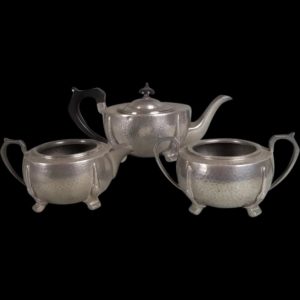 c1940 Arts & Crafts Style Hammered Pewter 3 Piece Tea Service By A.E. Poston