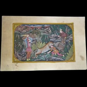 Tiger Hunt' Indian Opaque Watercolour Ink And Gold On Paper, 19-20th Century
