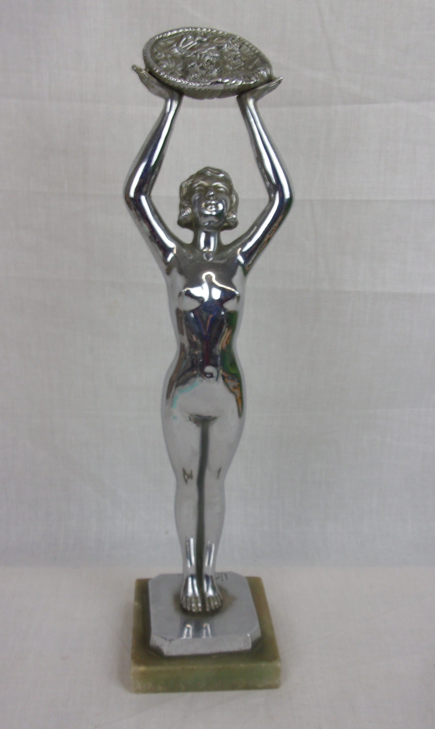 1930's Chromed Art Deco Nude Lady With Floral Basket By Limousin