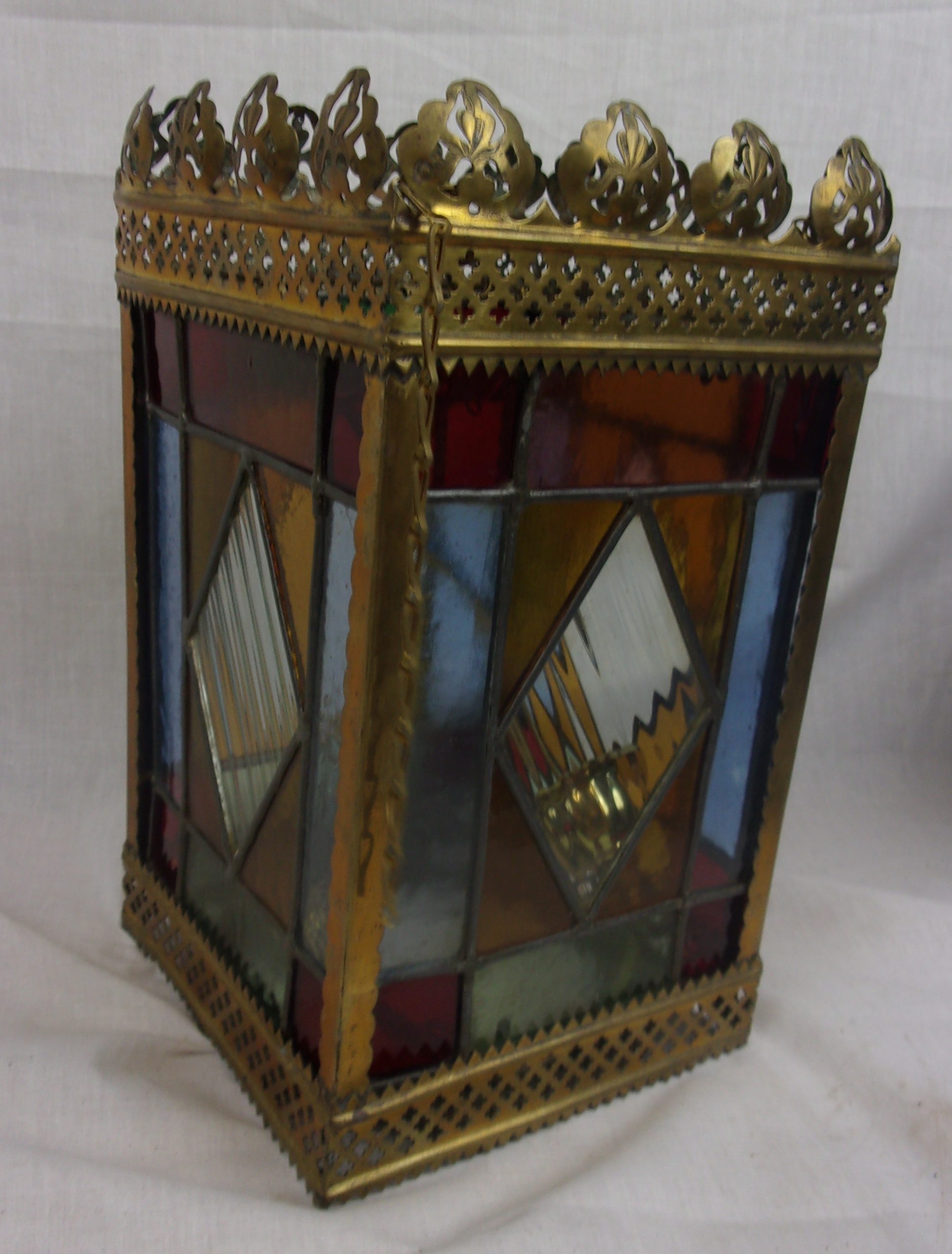 Late Victorian Brass Framed Stained Glass Hall Lantern