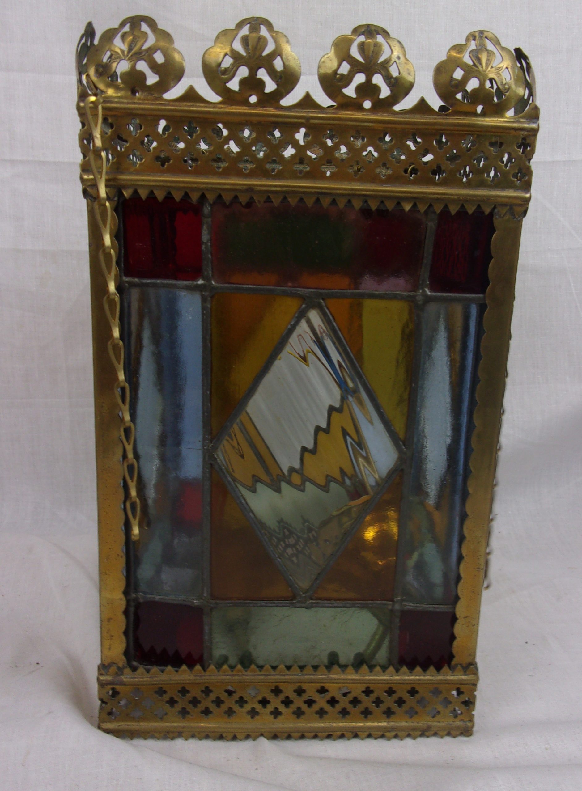 Late Victorian Brass Framed Stained Glass Hall Lantern - Image 2