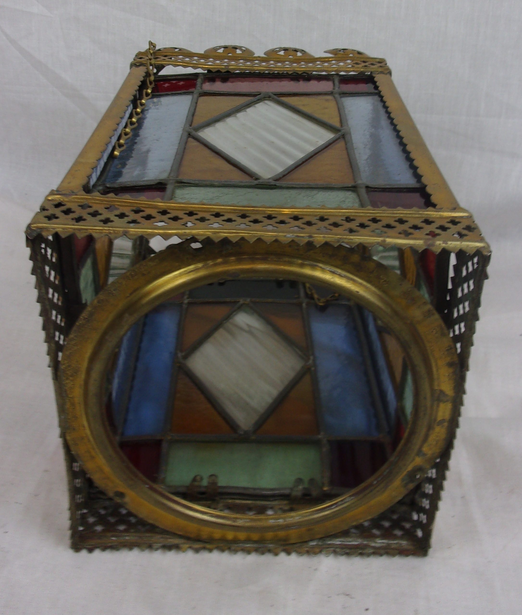 Late Victorian Brass Framed Stained Glass Hall Lantern - Image 4